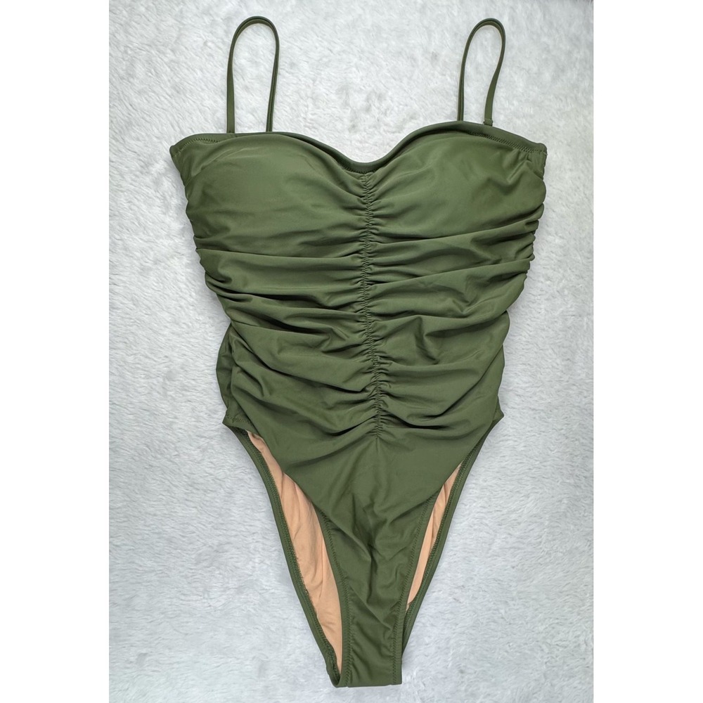 J Crew Ruched Sweetheart One Piece Swimsuit 12 Safari Green BF176 NWT